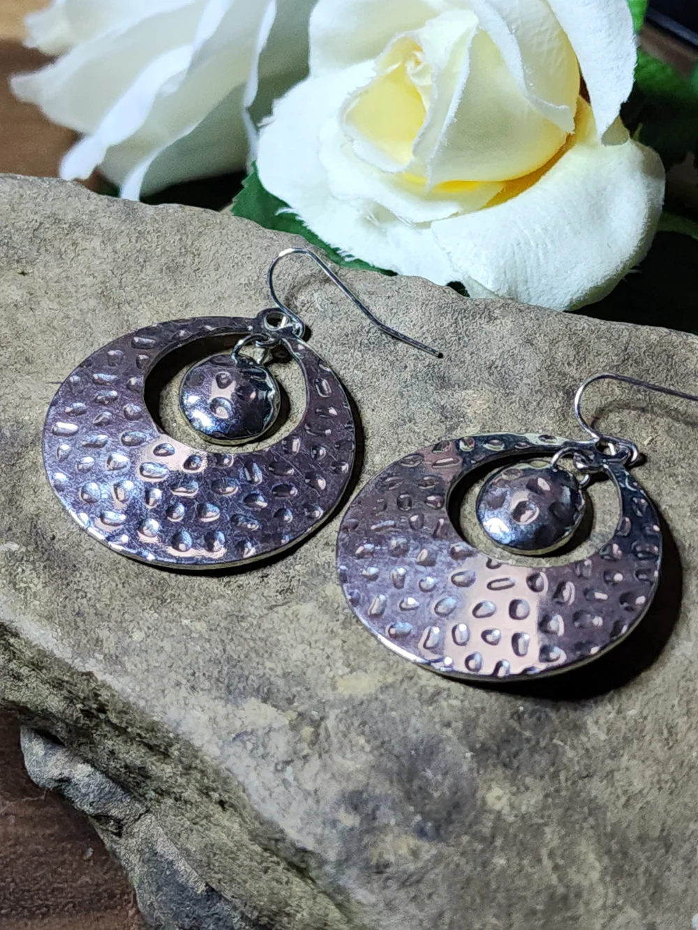 Hammered Silver-Tone Drop Hoop Earrings